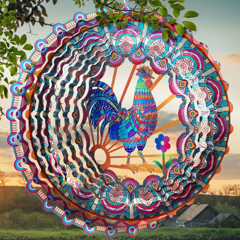 Eiryhope Rooster Kinetic Wind Spinner - 12-Inch 3D Holographic Metal Hanging Sculptures, Rustproof Outdoor Decor Garden Patio Decoration, Unique Gift for Chicken Lovers Mom Dad Men Women - Image 1